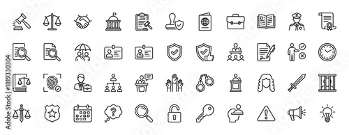 Law and justice line icon set. Vector pictograms of courthouse, gavel, scales, document, shield, handcuffs, judge, fingerprint, signature, thin linear illustration.