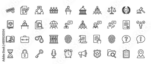 Law and justice line icon set. Vector pictograms of courthouse, judge, gavel, scales, documents, handcuffs, fingerprint, security shield, thin linear illustration.