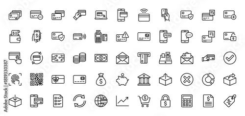 Finance and payment line icon set. Vector pictograms of credit cards, wallets, smartphones, POS terminals, banks, money bags, and online transactions, thin linear illustration.