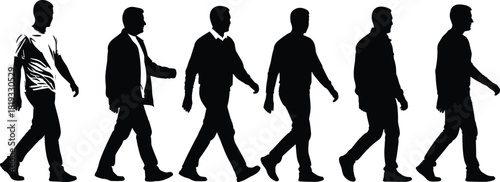 Row of men walking forward in sequence, black silhouette vector illustration isolated on white background, for animation sprites and people concepts.