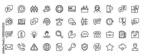 Customer service and support line icon set. Vector pictograms of headset, chat, team, calendar, briefcase, shield, lightbulb, puzzle, globe, and user, thin linear illustration.
