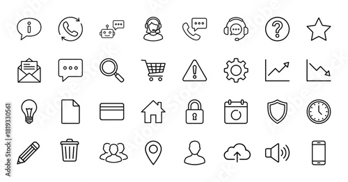Universal interface line icon set. Vector pictograms of customer service, phone, chatbot, mail, search, shopping cart, security, settings, calendar, and smartphone, thin linear illustration.