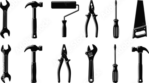 Set of construction tool silhouettes featuring hammers, wrenches, screwdrivers, pliers and saw, black vector illustration isolated on white background for repair service.