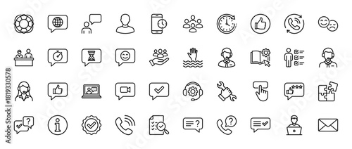 Customer service line icon set. Vector pictograms of help, support, communication, chat, calls, agents, users, feedback, and problem-solving, thin linear illustration.