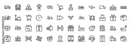 Logistics line icon set. Vector pictograms of trucks, parcels, delivery, warehousing, transport, and postal services, thin linear illustration.