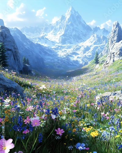A breathtaking landscape featuring vibrant wildflowers in a lush valley surrounded by majestic snow-capped mountains under a clear blue sky.