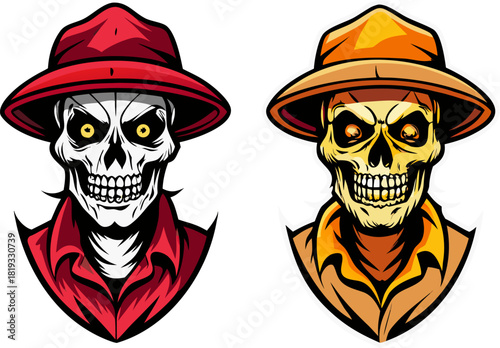 Farmer skull in straw hat vector illustration in two styles black on white and colorful on dark background stock illustration