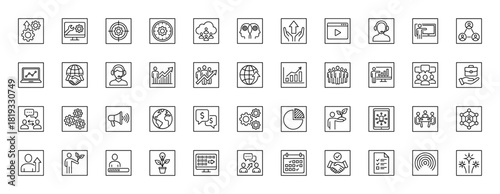 Business and startup line icon set. Vector pictograms of strategy, innovation, analytics, collaboration, support, global network, growth, and development, thin linear illustration.