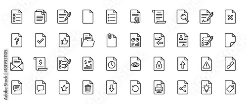 Document and file management line icon set. Vector pictograms of pages, checklists, contracts, folders, analytics, and admin tasks.