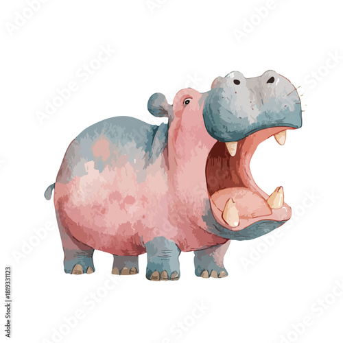 Cute Cartoon Hippopotamus with Open Mouth Playful Watercolor Animal Illustration.