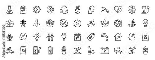 Environmental line icon set. Vector pictograms of renewable energy, recycling, electric vehicles, nature, sustainable living, and eco-friendly industry, thin linear illustration.