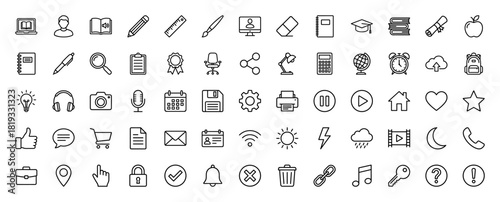 Education, business, and technology line icon set. Vector pictograms of pencil, book, laptop, diploma, cloud, shopping cart, email, and lock, thin linear illustration.
