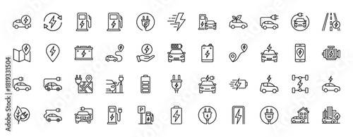 Electric vehicle line icon set. Vector pictograms of electric cars, charging stations, batteries, plugs, and eco symbols, thin linear illustration.