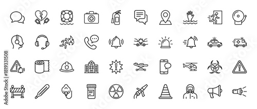 Emergency and safety line icon set. Vector pictograms of a defibrillator, lifebuoy, fire extinguisher, first aid kit, police car, ambulance, hospital, and warning signs, thin linear illustration.