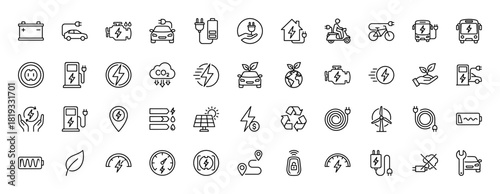 Electric vehicle and sustainable energy line icon set. Vector pictograms of charging cars, buses, stations, batteries, solar panels, and wind turbines, thin linear illustration.