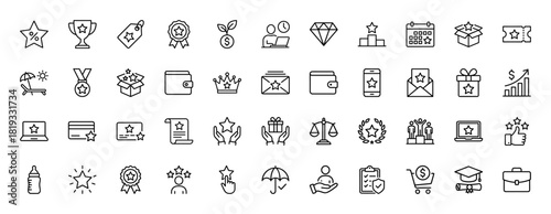 Loyalty and rewards line icon set. Vector pictograms of trophies, gifts, medals, star ratings, shopping, and business concepts, thin linear illustration.