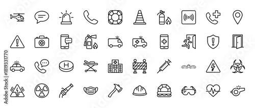 Emergency and safety line icon set. Vector pictograms of siren, lifebuoy, traffic cone, fire extinguisher, first aid kit, ambulance, hospital, syringe, and warning signs, thin linear illustration.