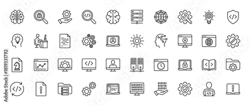 Technology and programming line icon set. Vector pictograms of brain, gears, servers, code, network, documents, computers, and security, thin linear illustration.
