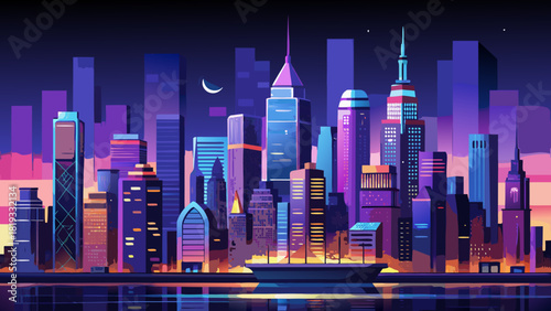 Very beautiful panoramic view of Manhattan at night, showcasing a glowing urban skyline with shimmering towers, bright windows, and a dramatic night horizon across New York City.