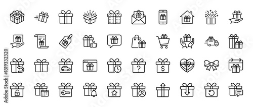 Gift and delivery line icon set. Vector pictograms of present boxes, shopping carts, delivery trucks, mobile notifications, and loyalty rewards, thin linear illustration.