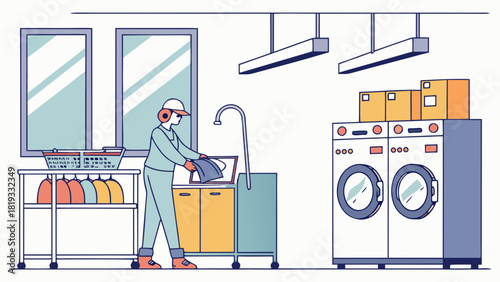 Professional dry cleaning service with a worker washing clothes at a sink in the laundry