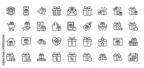 E-commerce and gift delivery line icon set. Vector pictograms of gift boxes, shopping carts, delivery trucks, price tags, and calendar, thin linear illustration.