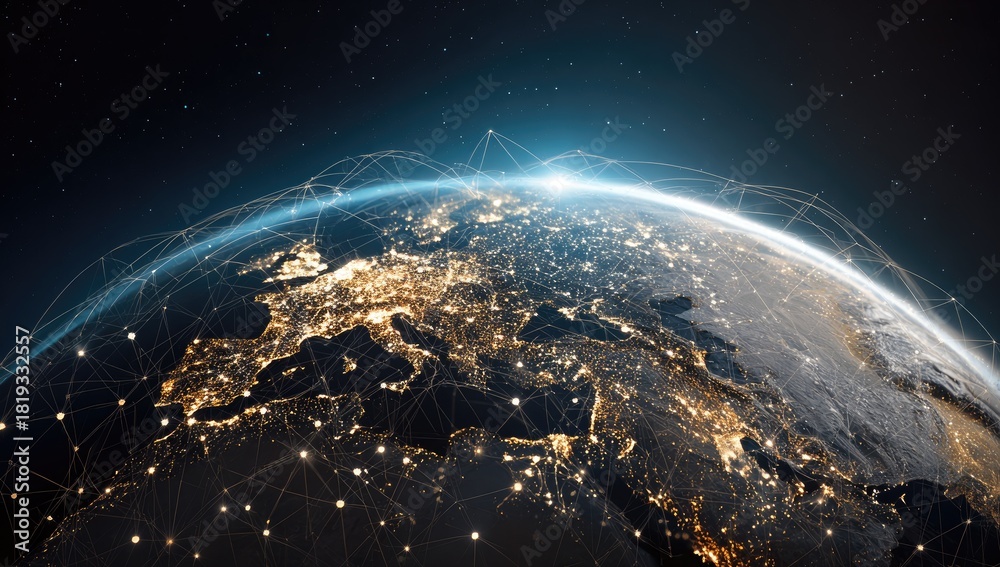Obraz premium Europe at night from space, illuminated cities, connected by a network
