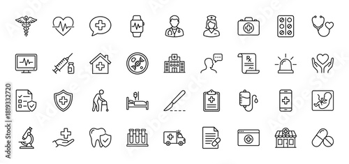 Medical line icon set. Vector pictograms of caduceus, doctor, nurse, hospital, stethoscope, syringe, pills, ambulance, heart, DNA, microscope, and medical report, thin linear illustration.