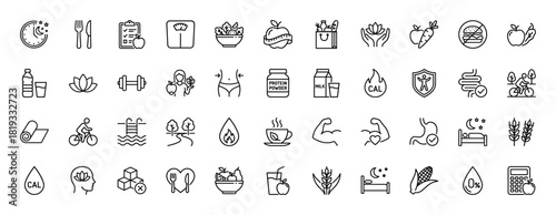 Health and wellness line icon set. Vector pictograms of weight scales, healthy food, sleep, fitness, hydration, diet, calories, yoga, and exercise, thin linear illustration.