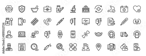 Medical line icon set. Vector pictograms of hospital, shield, first aid, heart, thermometer, syringe, X-ray, and ambulance, thin linear illustration.