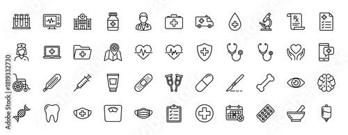 Medical line icon set. Vector pictograms of hospital, doctor, ambulance, stethoscope, syringe, wheelchair, brain, DNA, calendar, pills, thin linear illustration.