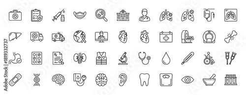 Medical line icon set. Vector pictograms of doctor, mask, hospital, syringe, lungs, heart, ambulance, DNA, brain, stethoscope, thermometer, and microscope, thin linear illustration.
