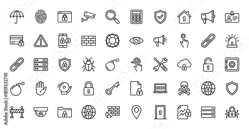 Cybersecurity line icon set. Vector pictograms of house, shield, firewall, fingerprint, padlock, key, data, cloud, server, warning, thin linear illustration.