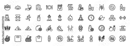 Healthy lifestyle line icon set. Vector pictograms of a salad bowl, yoga poses, dumbbell, runner, water bottle, scale, bicycle, and sleep, thin linear illustration.