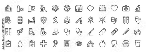 Medical healthcare line icon set. Vector pictograms of hospital, virus, DNA, heart, medicine, syringe, stethoscope, ambulance, X-ray, brain, and lungs, thin linear illustration.