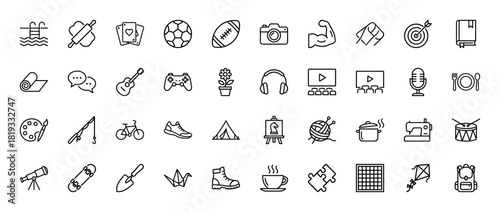 Leisure and hobbies line icon set. Vector pictograms of a soccer ball, camera, guitar, game controller, bicycle, cooking pot, art palette, and backpack, thin linear illustration.