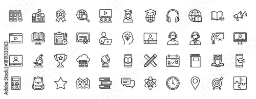 Education and e-learning line icon set. Vector pictograms of school, graduation cap, diploma, online lecture, student, books, microscope, calendar, target, thin linear illustration.