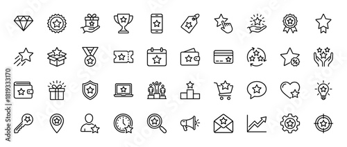 Gamification line icon set. Vector pictograms of trophy, medal, gift, wallet, credit card, laptop, shopping cart, megaphone, and graph, thin linear illustration.