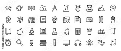 Education line icon set. Vector pictograms of school supplies, science tools, and academic symbols, thin linear illustration.