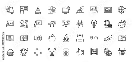 Learning and academic line icon set. Vector pictograms of books, monitors, graduation cap, diploma, laptop, brain, robot, microscope, apple, trophy, thin linear illustration.