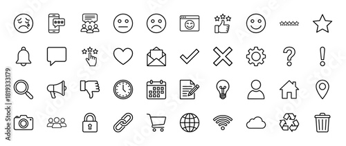 Web and user interface line icon set. Vector pictograms of ratings, communication, search, settings, time, security, shopping, and network elements, thin linear illustration.