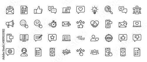 User experience and feedback line icon set. Vector pictograms of thumbs, messages, stars, user profiles, communication bubbles, and checklists, thin linear illustration.