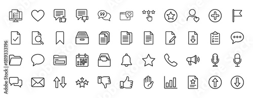 User interface and communication line icon set. Vector pictograms of browser, monitor, speech bubbles, star ratings, documents, folders, calendar, mail, phone, thin linear illustration.