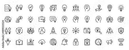 Innovation and business line icon set. Vector pictograms of lightbulbs, brainstorming, teamwork, strategy, and creative solutions, thin linear illustration.