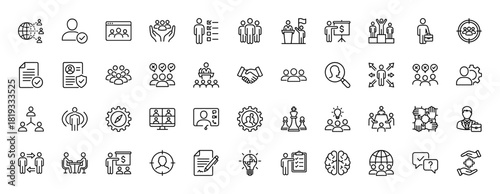 Human resources and business management line icon set. Vector pictograms of teamwork, recruitment, strategy, meeting, and career development, thin linear illustration.