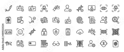 Identity and security line icon set. Vector pictograms of face, fingerprints, ID cards, passports, data, and DNA, thin linear illustration.