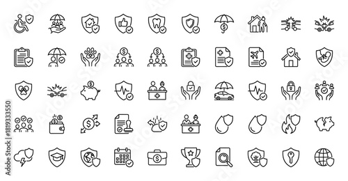 Insurance line icon set. Vector pictograms of home, umbrella, car accident, healthcare, financial, property, and global protection, thin linear illustration.