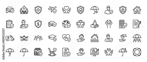 Insurance line icon set. Vector pictograms of medical shield, umbrella, hands holding heart, family, house, car, security, finance, and policy, thin linear illustration.