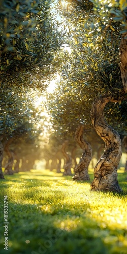 A serene view of twisted olive trees bathed in golden sunlight, creating a tranquil atmosphere in a lush green grove, ideal for nature lovers and tranquility seekers.