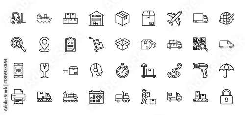 Logistics line icon set. Vector pictograms of packages, warehouse, airplane, cargo ship, delivery truck, map pin, QR code, drone, and tracking services, thin linear illustration.